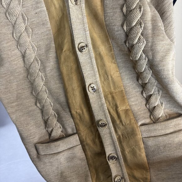 Vintage Caldwell Suede Trim Wool Cardigan Sweater Canada Tan Beige Men L Cable - Picture 3 of 7